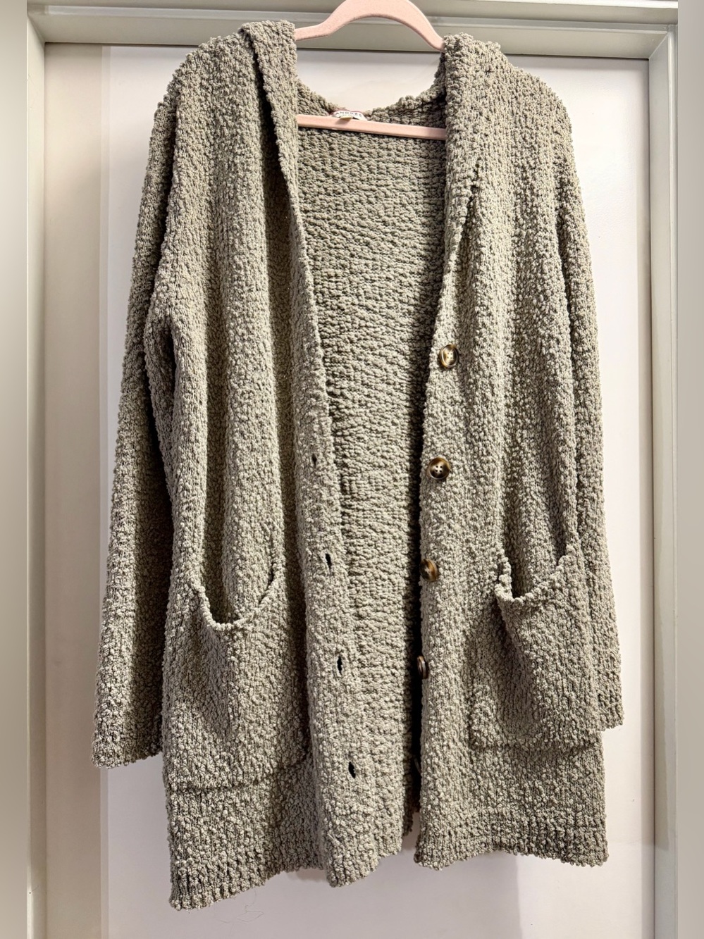 ANDREE BY UNIT Olive Hooded Bouclé Button Front Cardigan